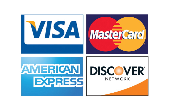 Logos of Visa, MasterCard, American Express, and Discover